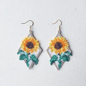 Handmade Yellow And Green Sunflower Glass Beaded Earrings